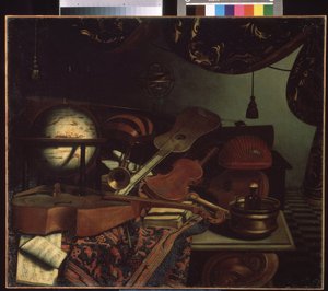 ""Asetelma soittimilla"" (Asetelma soittimilla) Maapallo, huilu, partituuri, alttoviulu, kitara. Bonaventura Betteran (1663-1718) maalaus 1715 Pushkin-museo, Moskova tekijältä Bonaventura Bettera