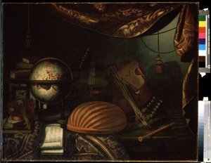 ""Bodegó amb instruments musicals"" (Bodegó amb instruments musicals) Globus, flauta, partitura, viola, guitarra. Pintura de Bonaventura Bettera (1663-1718) 1715 Museu Puixkin, finlandès de Moscou tekijältä Bonaventura Bettera