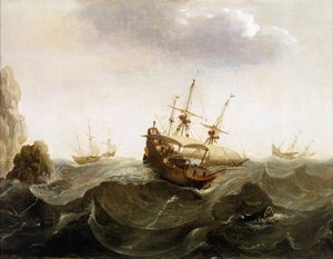 Itä-Intiaan matkalla oleva hollantilainen kauppa-alus päästää ohi kaksi silakanpyyntialusta. Öljyvärimaalaus, 1600-luvun puoliväli, tekijä Bonaventura Peeters (1614-1652). tekijältä Bonaventura Peeters