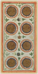 The Eight of Coins, faksimile Tarot-kortista Visconti-pakasta tekijältä Bonifacio (attr.) (after) Bembo