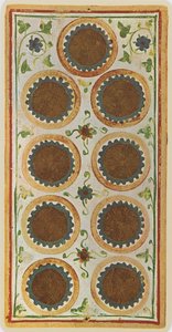 The Nine of Coins, faksimile Tarot-kortista "Visconti"-pakasta, 1441-47 tekijältä Bonifacio Bembo