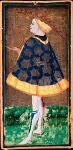 Valet de denier -kortti. Tarot-pelin kartta, jonka teki Bonifacio Bembo (1420-1482) Filippo Maria Viscontille, noin 1440. Bergamo. Carrara Academyn galleria tekijältä Bonifacio Bembo
