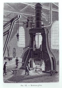 Le Creusot Power Hammer, kuvitus teollisia koneita käsittelevään kirjaan, n. 1880 (bw valokuva) tekijältä Bonnafoux