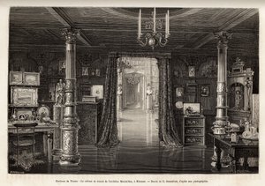 Itävallan arkkiherttua Maximilianin (1832-1867) työkaappi Miramarin linnaan, jonka hän oli rakentanut Triesten läheisyyteen, vuodesta 1857, jolloin hänet julistettiin Lombardian ja Veneton valtakunnan varakuninkaaksi, kaiverrettu B.Bonnafoux kuvitus tekijältä Bonnafoux Bonnafoux