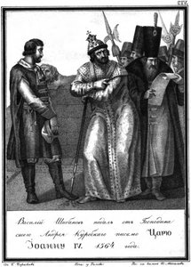 Ivan Julma saa kirjeen Andrei Kurbskilta. 1564 Kuvitetusta Karamzinista, 1836