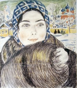 Nuoren kauppiaan vaimo ruudullisessa huivissa par Kustodiev, Boris Michaylovich (1878-1927) tekijältä Boris Mikhailovich Kustodiev