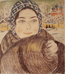 Nuoren kauppiaan vaimo ruudullisessa huivissa, 1919 tekijältä Boris Mikhailovich Kustodiev