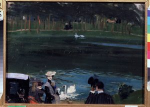Bois de Boulogne. Järvi joutsenia ja kävelijöitä. Boris Michaylovich Kustodiev (Kustodiev) (1878-1927) maalaus öljy kankaalle tekijältä Boris Mikhailovich Kustodiev