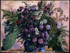 Kimppu suomalaisia ​​kukkia. (Suomalainen kukkakimppu). Boris Michaylovich Kustodiev (Kustodiev) (1878-1927) maalaus öljy kankaalle tekijältä Boris Mikhailovich Kustodiev
