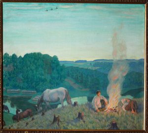 Nuotio (Campfire). Maisema kesäiltana, nuoret pojat lepäävät puupalon ympärillä joen rannalla. Heidän ympärillään hiljaisuus, seesteisyys ja hevoset laiduntavat rauhallisesti. Boris Michaylovich Kustodiev (Kustodiev) maalaus (1 tekijältä Boris Mikhailovich Kustodiev