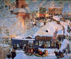 Talvi, Mardi Gras (talvi, Schrovetide). Perinteisiä juhlia maakuntakaupungin lumisilla kaduilla. Kaupungin rakennusten kuvauksen lisäksi ilmapalloklusterit, karuselli, tavernoiden julkisivut ja reet, joita vetää tekijältä Boris Mikhailovich Kustodiev