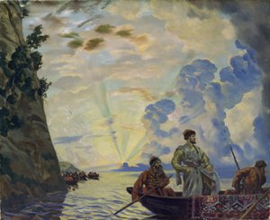 Kasakkojen johtaja Stepan (Stenka) Timofejevitš Razin (1630-1671) veneessä. Hän johti kapinaa aatelia ja tsaarin byrokratiaa vastaan ​​Etelä-Venäjällä (Stepan Razin). Boris Michaylovich Kustodiev (Kustodiev) maalaus (1878-192) tekijältä Boris Mikhailovich Kustodiev