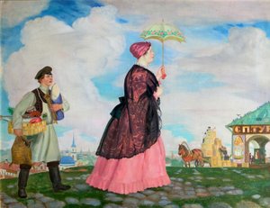 Kauppiaana ostosten kanssa, 1920 tekijältä Boris Mikhailovich Kustodiev
