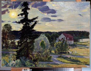 Iltamaisema. Ryhmä lapsia leikkii pallolla talon edessä olevalla nurmikolla. Boris Michaylovich Kustodiev (Kustodiev) (1878-1927) maalaus öljy kankaalle tekijältä Boris Mikhailovich Kustodiev