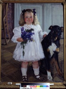 Muotokuva tytär Irina koiran Shumkan kanssa. Boris Michaylovich Kustodiev (Kustodiev) (1878-1927) maalaus öljy kankaalle tekijältä Boris Mikhailovich Kustodiev