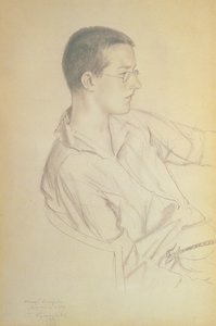 Muotokuva Dmitri Dmitrievich Shostakovichista (1906-75), 1923 (kynä paperille) tekijältä Boris Mikhailovich Kustodiev