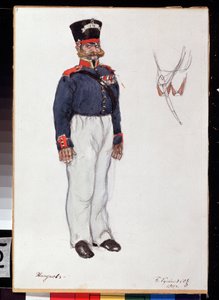 Pukusuunnittelu Alexandre Ostrovskin (1823-1886) teatterinäytelmään Coeur ardent (Pususuunnittelu A. Ostrovskin teatterinäytelmään Fiery Heart). Boris Michaylovich Kustodiev (Koustodiev) (1878-1927) työ, kynä ja akvarelli paperille tekijältä Boris Mikhailovich Kustodiev