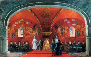 Venäjän tsaarin Boris Fjodorovitš Godunovin (1551-1605) esitys, Aleksanteri Sergejevitš Puškinin teatteriteoksen "Boris Godunov" sisustus (öljy kankaalle) tekijältä Boris Mikhailovich Kustodiev