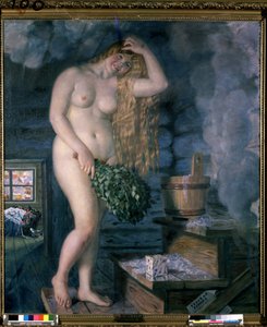 Venäjän Venus (Venäjän Venus). Nuori hymyilevä ja alaston nainen kylpyhuoneessa, saunatyyppinen, oksakimppu. Boris Michaylovich Kustodiev (Kustodiev) (1878-1927) maalaus öljy kankaalle
