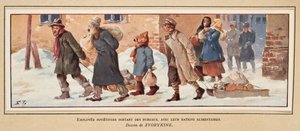Neuvostotyöläiset lähtevät toimistosta ruoka-annoksineen, Histoire des Soviets -pubista. 1922 (väri litho) tekijältä Boris Vasilievich Zvorykin