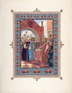 Vassilissa la Belle (Vassilissa la tres Belle) - Kuvitus satuun Vasilisa kaunis par Zvorykin, Boris Vasilievich (1872-1935 jälkeen), n. 1925 - Värilitografia, 27,3x20,5 - Yksityiskokoelma