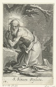 Pyhä Simeon Stylites vanhin erakkona S. Simeon Stylita (otsikko esineessä) Erakot (sarjan nimi) Sacra eremvs ascetarvm (sarjan nimi) tekijältä Boëtius Adamsz. Bolswert