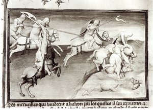 Ms Fr 2810 Mongolien johtaja Hulagu, Ilkhanaatin khaani jahtaa serkkuaan Berkeä, Kipchakin eli Kultahorden khaania vuonna 1262 ja pakottaa hänet jokeen Livre des Merveilles du Mondesta, n. 1410-