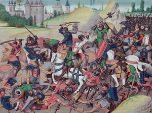 Ms 5089-90 Taistelu saraseenien ja kristittyjen välillä ristiretkien aikana, David Aubertin kirjasta Chroniques des mpereurs, 1462