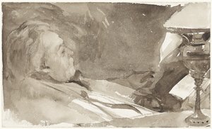 Muotokuva Alphons Marie Antoine Joseph Grandmontista lukemassa lampun ääressä