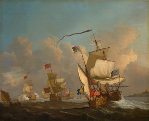 Kuninkaallinen jahti ja laivasto lähdössä liikkeelle tuulessa, noin 1720 (öljy kankaalle). tekijältä British School