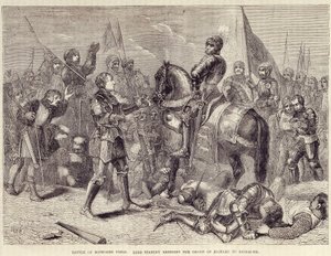 Bosworthin taistelukenttä. Lordi Stanley tuo Richard III:n kruunun Richmondiin (1485): Kahden ruusun sodan loppu - "" Cassellin kuvitetussa Englannin historiassa", voi. II, kirjoittanut William Howitt tekijältä British School