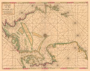 Pohjanmeren kartta: Norjasta Doverin salmiin, noin 1700 (värillinen kaiverrus). tekijältä British School