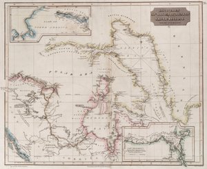 Kartta, jossa esitetään Rossin, Parryn ja Franklinin löytöjä arktisella alueella vuosina 1818-1827, noin 1830 (värillinen kaiverrus). tekijältä British School