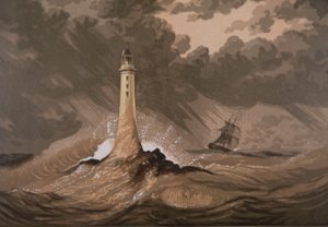Majakka varoittaa laivoja kivistä myrskyssä merellä (väri litho) tekijältä British School
