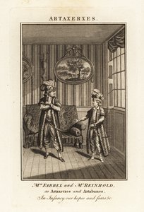 Rouva Margaret Farrel ja herra Charles Frederick Reinhold persialaisissa asuissa Artaxerxena ja Artabanes Thomas Arnen oopperassa Artaxerxes tekijältä British School