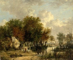River Scene, poika ajaa lampaita (öljy puulle) tekijältä British School