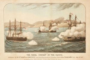 Meritaistelu Tyynellämerellä HMS "Shah" ja "Amethyst" sekä Perun kapinallisen, rautalaivan torni Ram Huascarin välillä Ilon edustalla 29. toukokuuta 1877. tekijältä British School