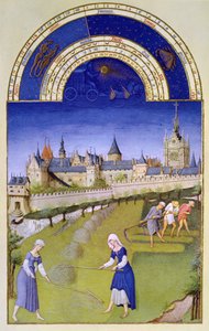 Kesäkuun faksimile: Heinänteko, "Tres Riches Heures du Duc de Berry" (vellum) (alkuperäisestä katso 8438) tekijältä Brothers Limbourg