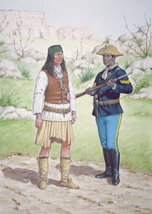 Chiricahua-apassisoturi ja Yhdysvaltain ratsuväen 10. rykmentin alikersantti vuonna 1886, kuuden taulun sarjasta.