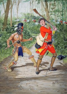 Huron-soturi vastaan 44. jalkaväkirykmentin sotamies vuonna 1755, kuuden taulun sarjasta.