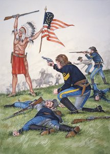 Sioux-soturi vastaan Yhdysvaltain ratsuväen 7. rykmentti Little Bighornin taistelussa 25. kesäkuuta 1876, kuuden taulun sarjasta.