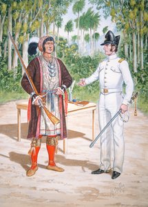 Osceola, Seminole-kansan päällikkö sopimuksessa Yhdysvaltain 2. draguunirykmentin upseerin kanssa Floridassa.