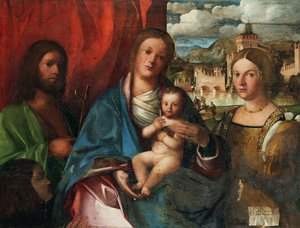 Neitsyt ja lapsi pyhien Johannes Kastajan, Aleksandrian Katariina ja lahjoittajan kanssa, 1500-luvun alku. tekijältä Buonconsiglio