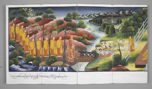 Tai. 13534, f.23 Munkit ylittämässä jokea, kohtauksia Buddhan elämästä (pergamentti) tekijältä Burmese School