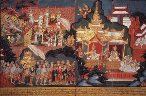 Tai 14297 fol.6-7 Tulevaisuuden Buddhan syntymä, n. 1800-20 (guassi paperilla) tekijältä Burmese School