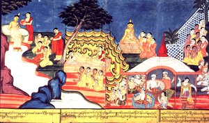 Tai 14298 fol.16-17 The Buddha Bathes, n. 1800-20 (guassi paperilla) tekijältä Burmese School