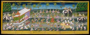 Parabaik-kuva, jossa näkyy kuninkaallinen festivaali veden päällä, tai 16761, f. 28r (paperin taittokirja) tekijältä Burmese School