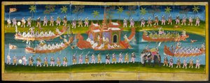 Parabaik-kuva, jossa näkyy kuninkaallinen festivaali vedessä, Royal Barge -kulkue, tai 16761, f. 35r (paperin taittokirja) tekijältä Burmese School