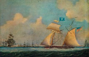 "Yhdysvaltalainen yksityinen kuunari ja muut alukset sataman lähellä", n. 1815. tekijältä Burton