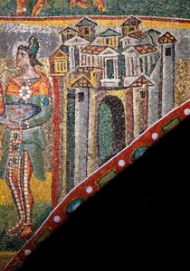 Kristillinen taide: "Magien palvonta". Yksityiskohta maisemasta. 500-luvun mosaiikki. Riemukaari, Santa Maria Maggioren basilika (Pyhä Maria Major), Rooma. tekijältä Byzantine
